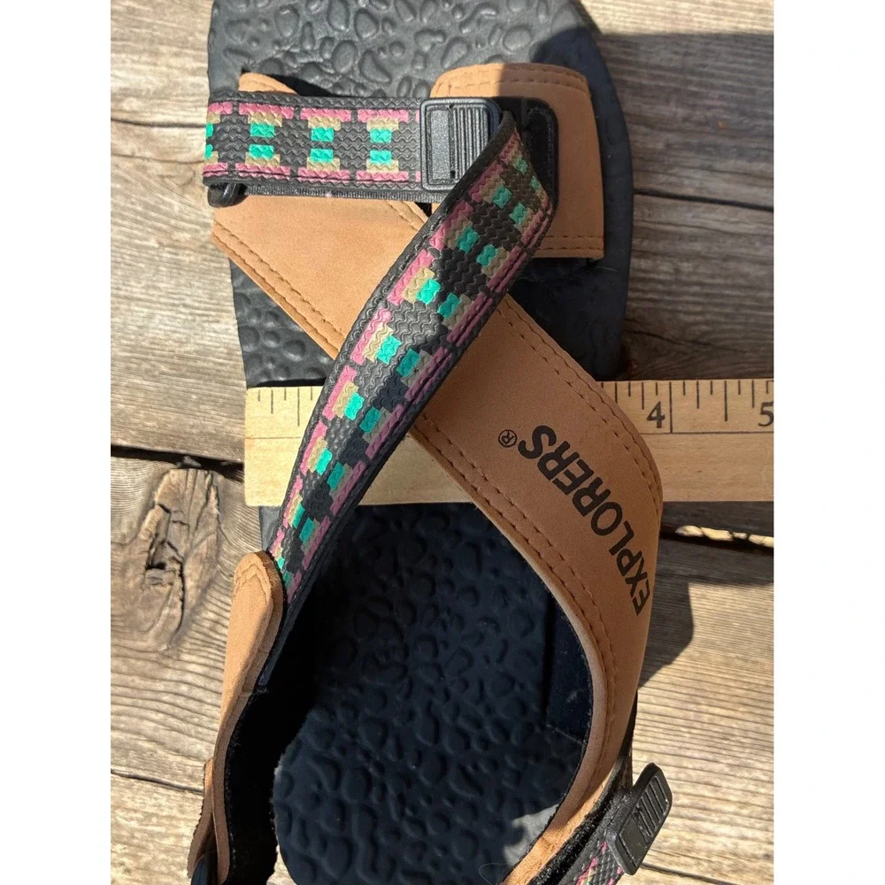 Vintage EXPLORERS Outdoors Hiking Sandals 9 Aztec Geometric Straps Gorpcore